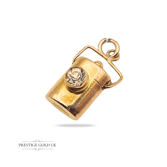 Vintage 9ct gold miners lamp charm pendant, hallmarked London 1949, 16mm tall, gold train lamp with stone detail