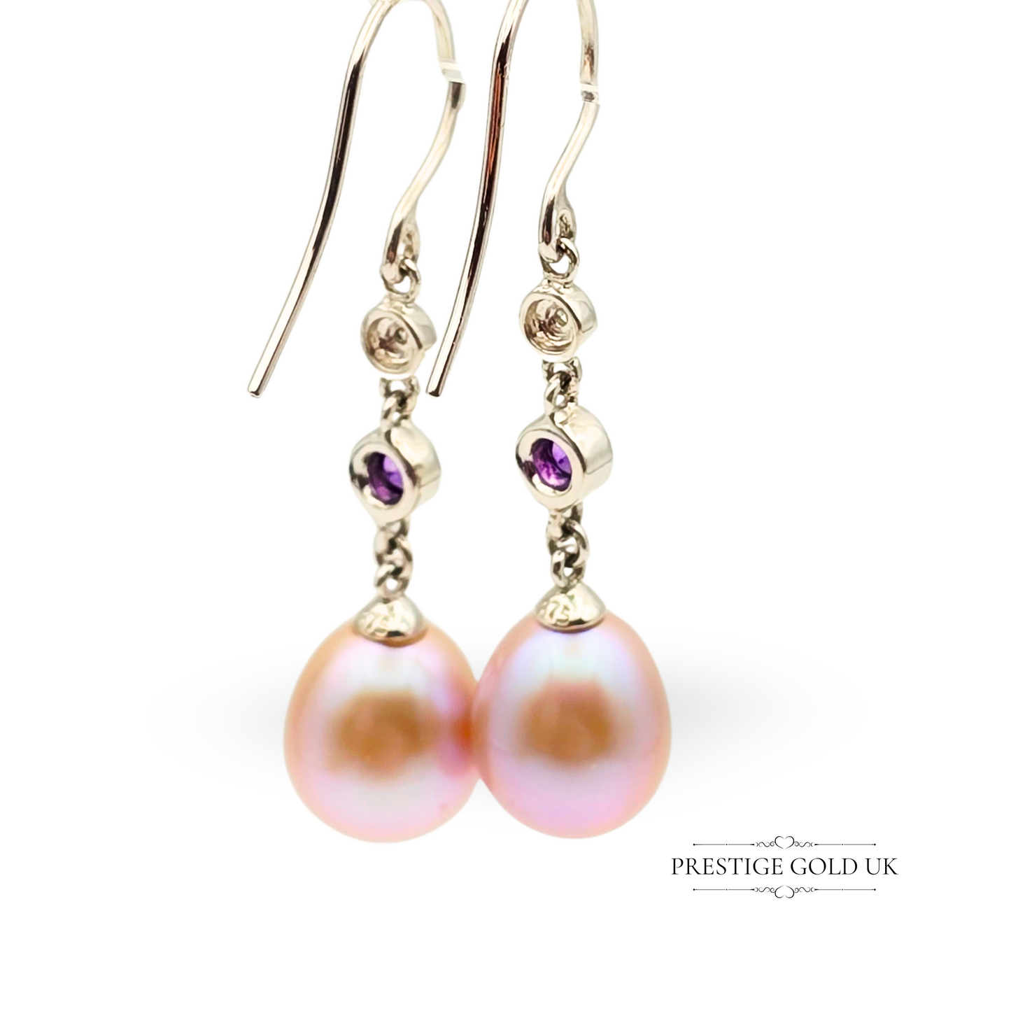 9ct White Gold Drop Earrings with Pink Freshwater Pearls, Amethyst & Diamonds