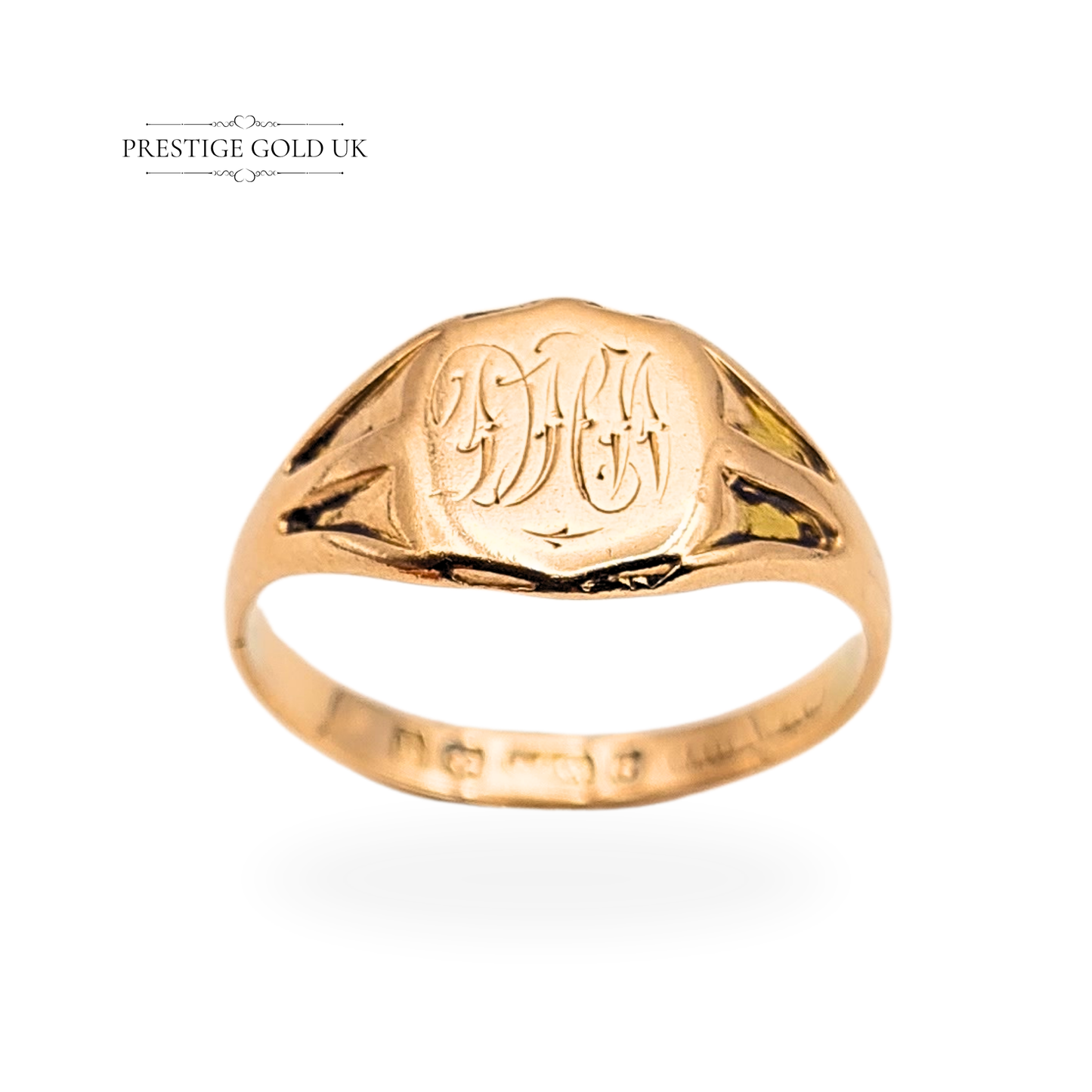 Antique 9ct rose gold signet ring hallmarked Birmingham 1915, featuring hand-engraved detailing on an 8.5 x 9.5 mm oval face, UK ring size O / US 7.3, 2.2g weight, Edwardian design with warm rose tone and subtle signs of careful resizing.