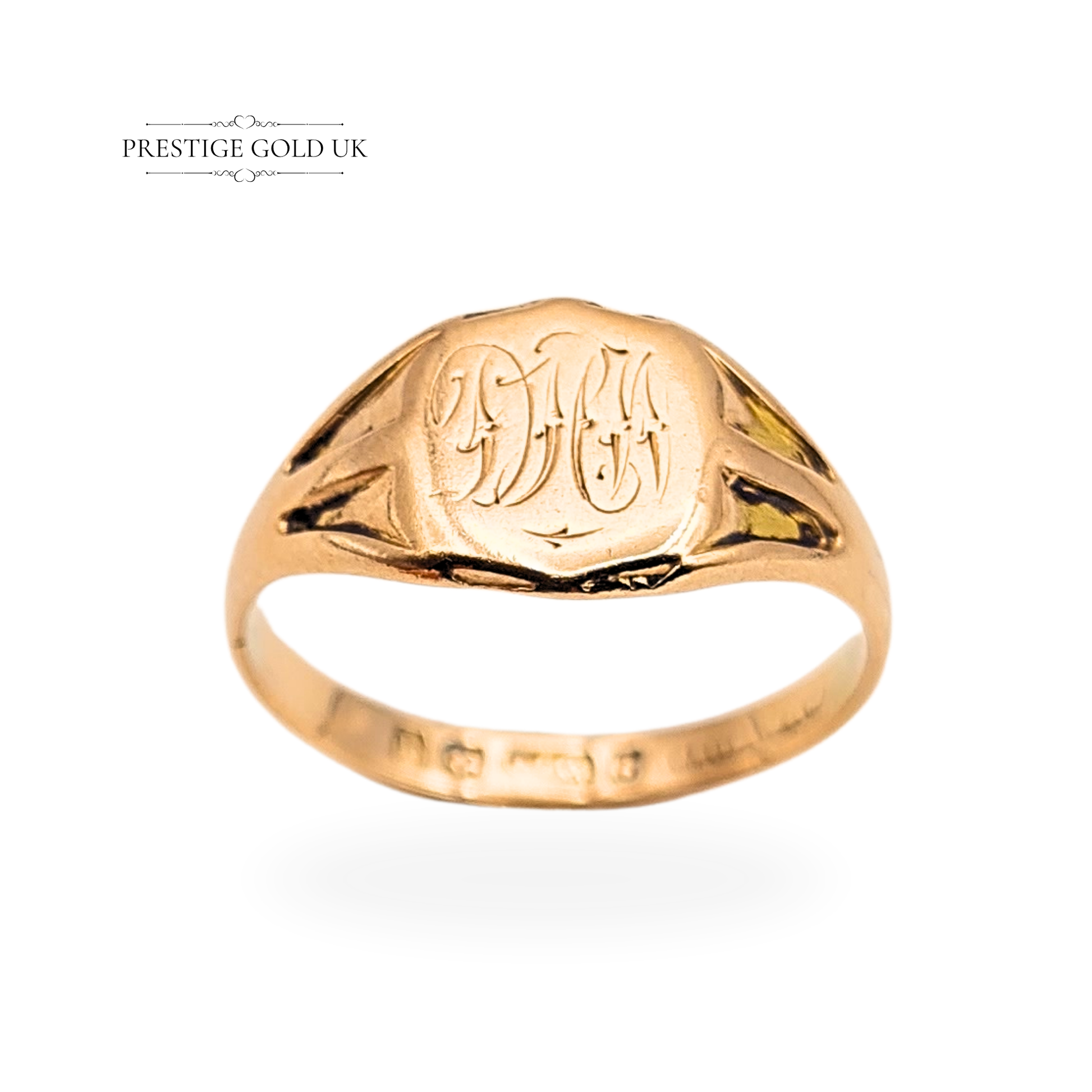 Antique 9ct rose gold signet ring hallmarked Birmingham 1915, featuring hand-engraved detailing on an 8.5 x 9.5 mm oval face, UK ring size O / US 7.3, 2.2g weight, Edwardian design with warm rose tone and subtle signs of careful resizing.