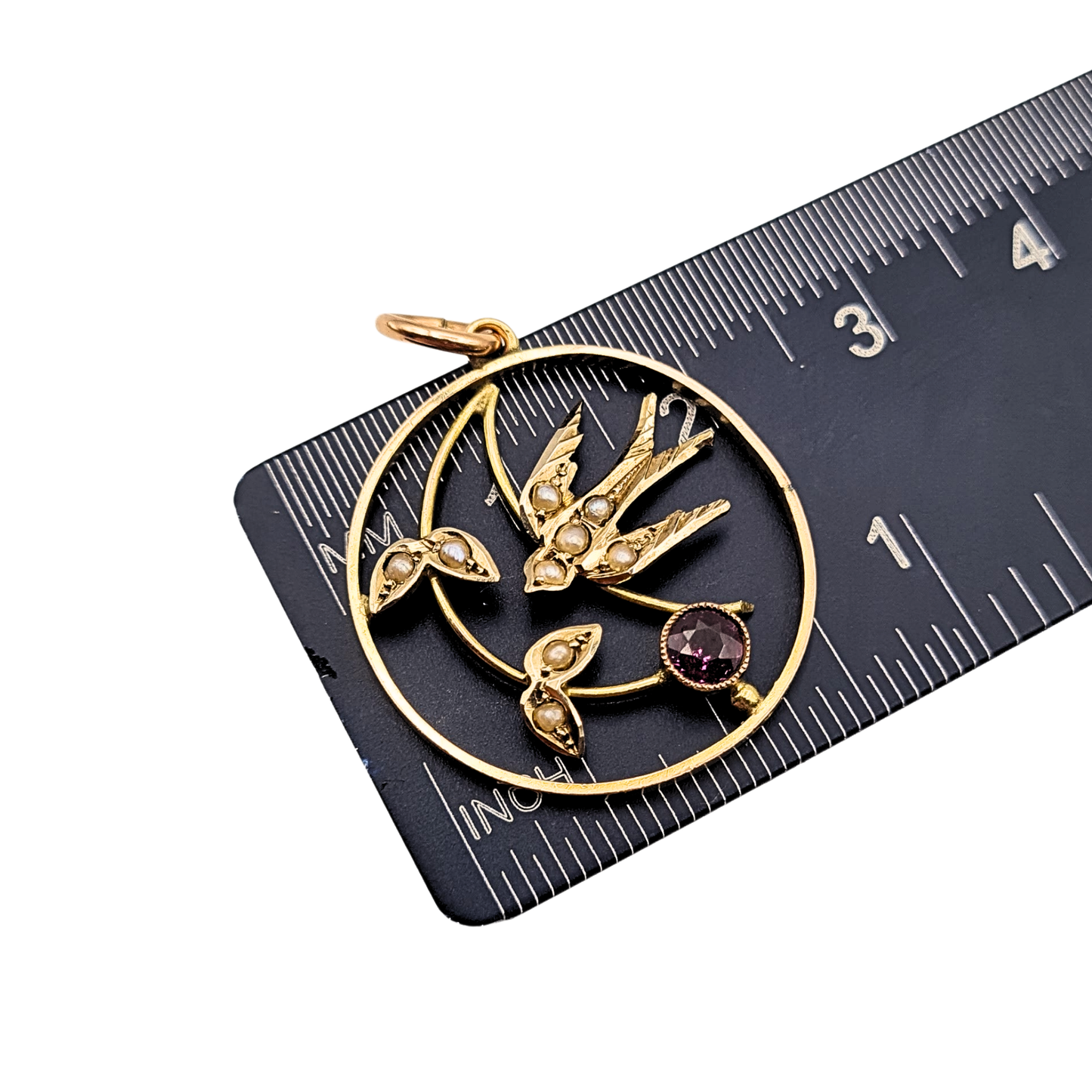 Antique 9ct Gold Swallow Pendant, Pearl Garnet, Stamped 9ct