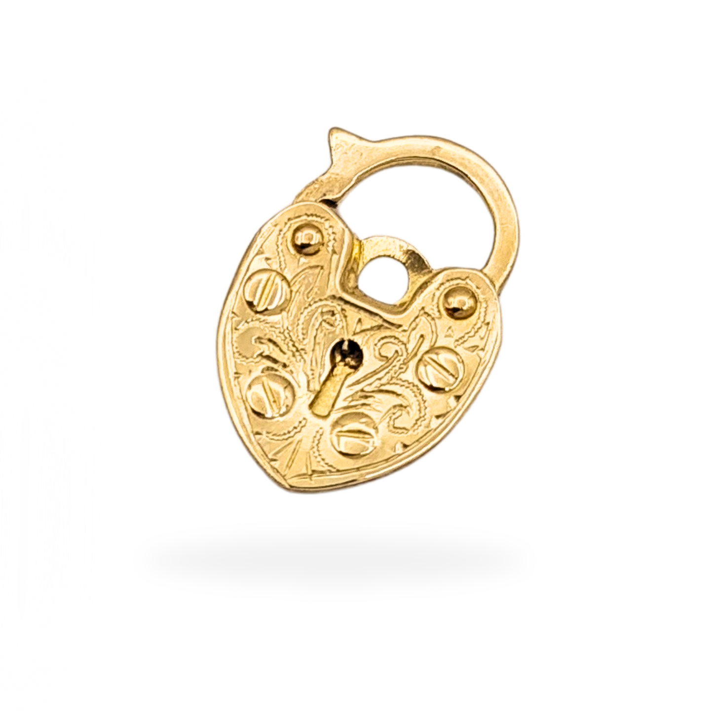 Tiny 9ct yellow gold heart-shaped padlock charm, stamped 375, measuring 14x9x1.5mm and weighing 0.48g. Hand engraved with fine scroll details, slightly flattened from age. Ideal as a bracelet clasp, pendant, or vintage gold charm.