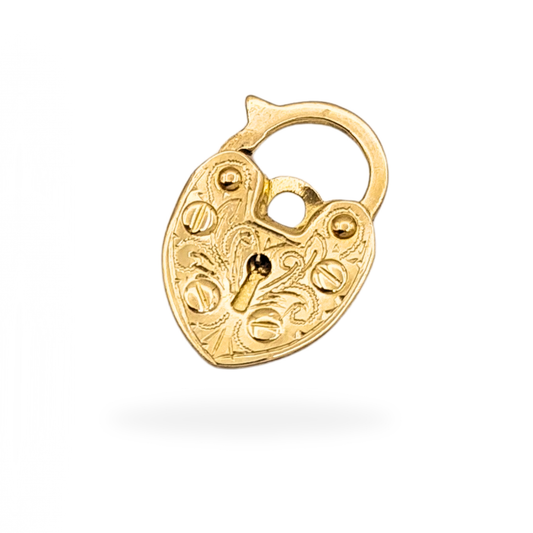 Tiny 9ct yellow gold heart-shaped padlock charm, stamped 375, measuring 14x9x1.5mm and weighing 0.48g. Hand engraved with fine scroll details, slightly flattened from age. Ideal as a bracelet clasp, pendant, or vintage gold charm.