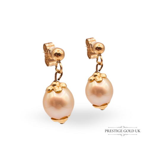 9ct Gold Drop Pearl Earrings, Dangle Studs Featuring Cream Round Pearls