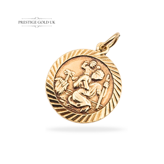 Vintage 9ct gold St Christopher pendant, Sheffield hallmark dated 1978. Small round design with fluted edge, measuring 17mm x 15mm, weight 2.0g. Religious gold charm suitable as pendant or bracelet addition, in excellent vintage condition.