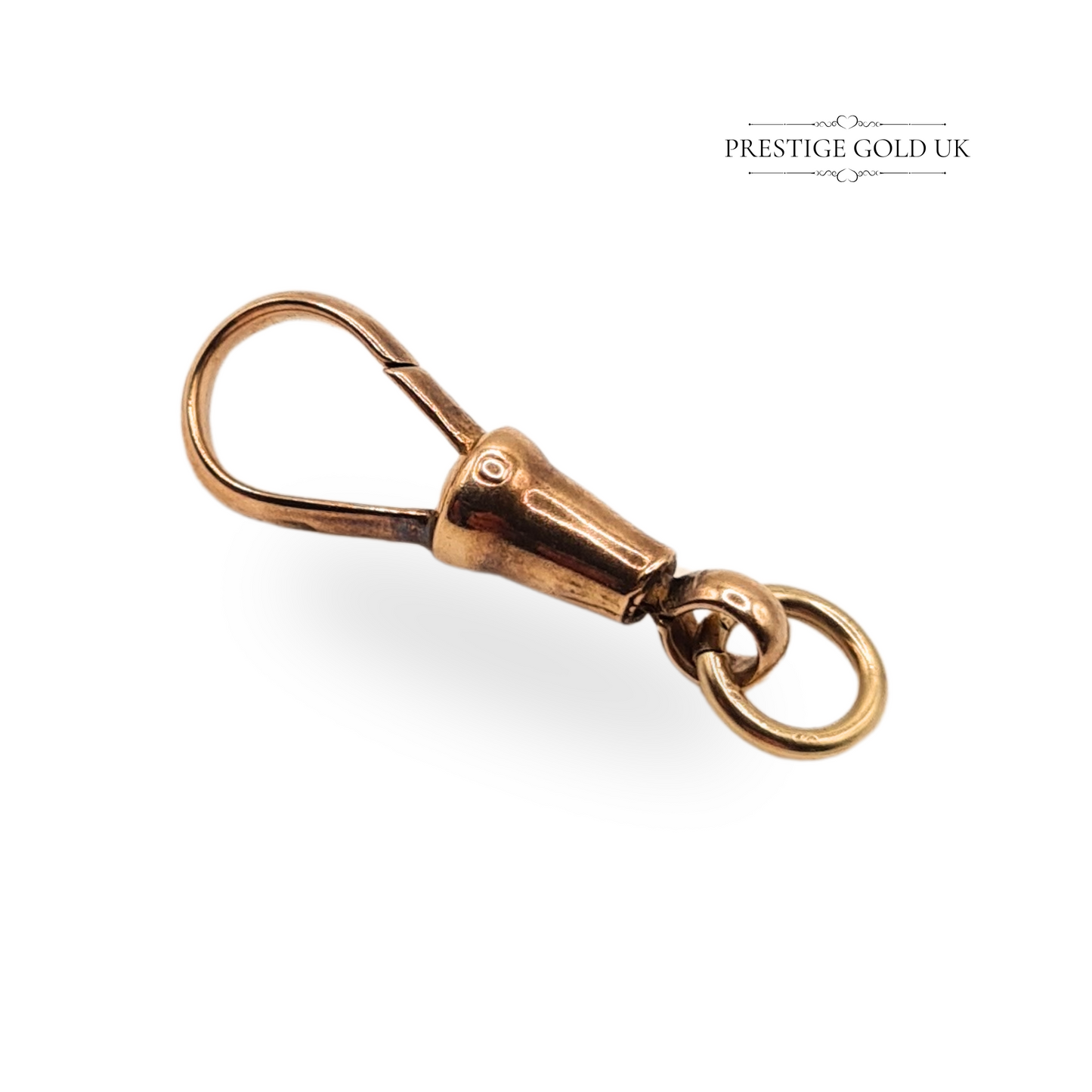 Lightweight antique 9ct rose gold dog clip clasp with worn 9CT hallmark, measuring 23mm x 7mm, Victorian era fastener ideal for charms or Albert chains, weighing just 1.14g.

