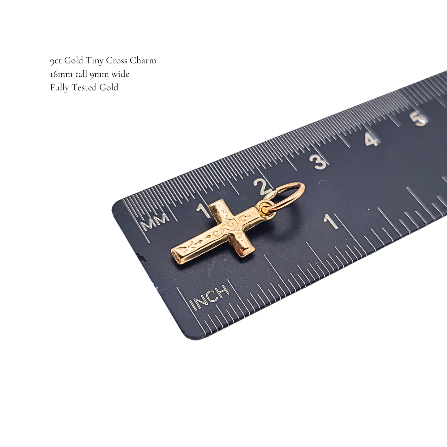 9ct Gold Tiny Cross Charm Pendant Engraved Crucifix