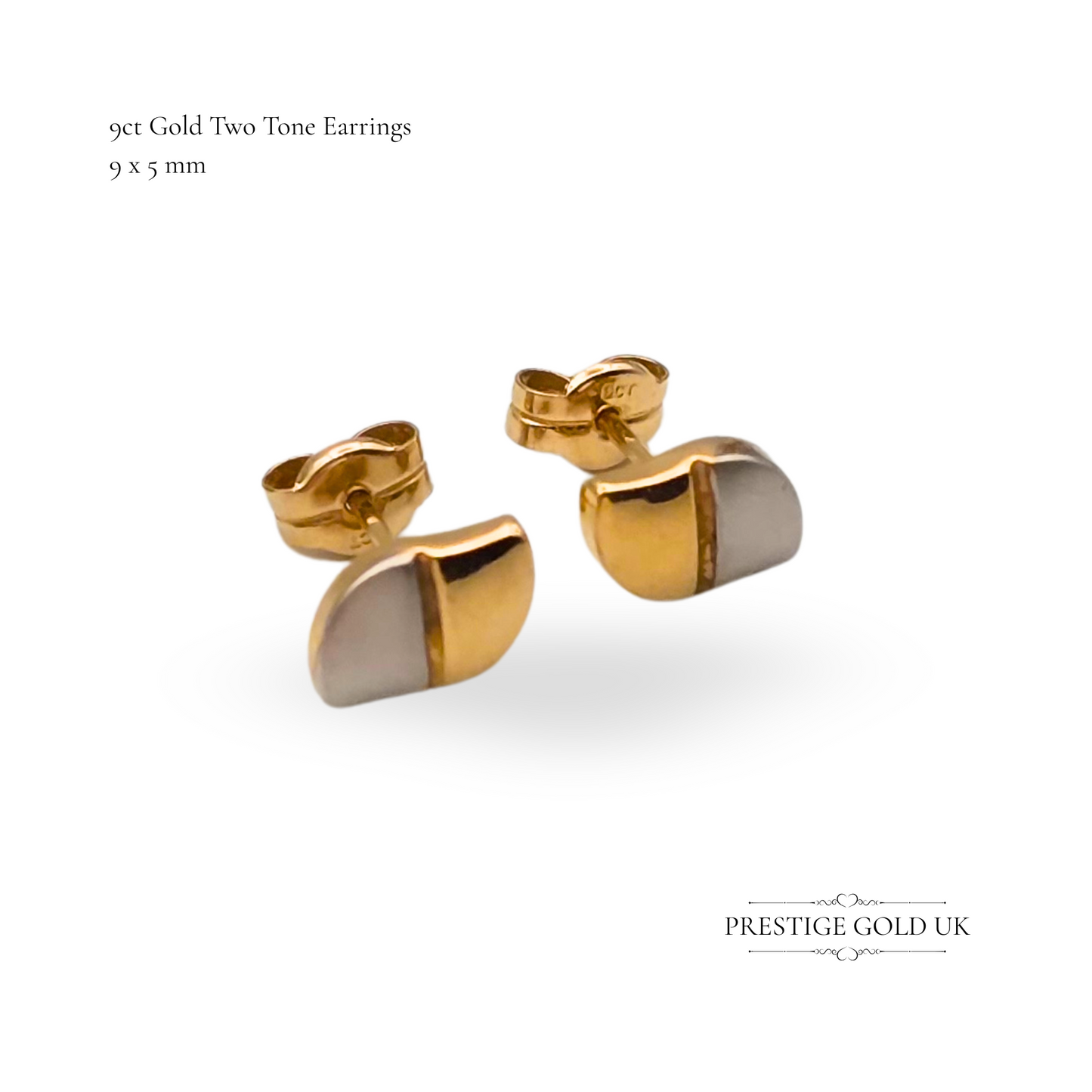 9ct Small Two Tone Gold Stud Earrings, Yellow and Satin White Gold, Coffee Bean Shape
