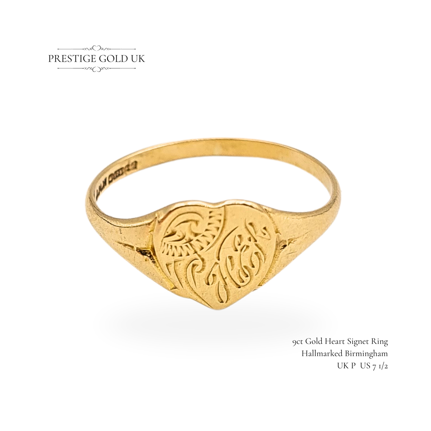 9ct Small Gold Heart Signet Ring, Engraved Design UK P / US 7.5