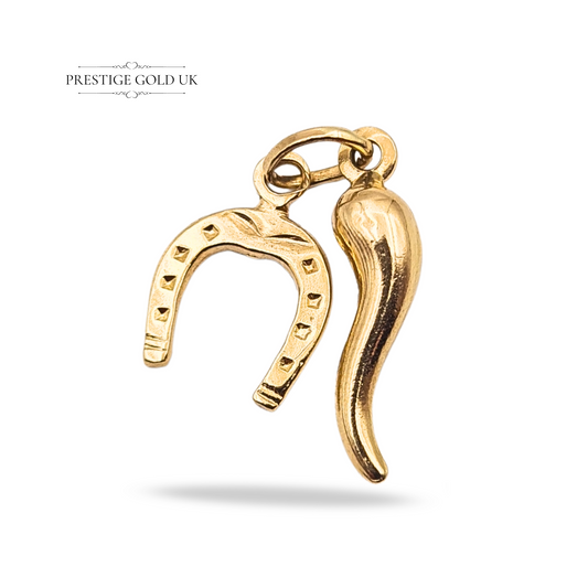 9ct gold Horn of Plenty and Horseshoe charm set, Horn 15mm, Horseshoe 11mm, lightweight 0.52g, fully tested, polished finish, symbolic lucky charms