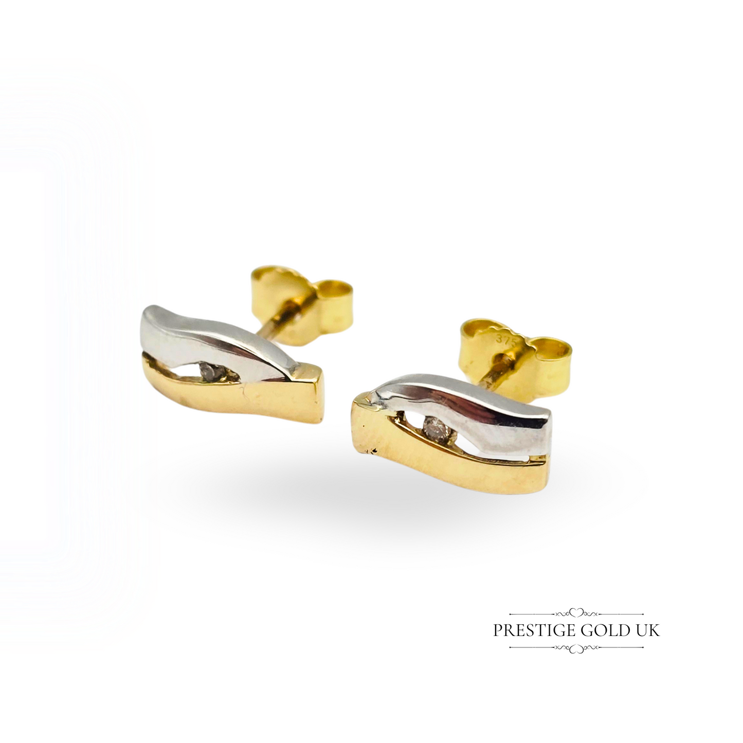 9ct Two-Tone Small Gold Diamond Stud Earrings, Fully Hallmarked, Curved Design