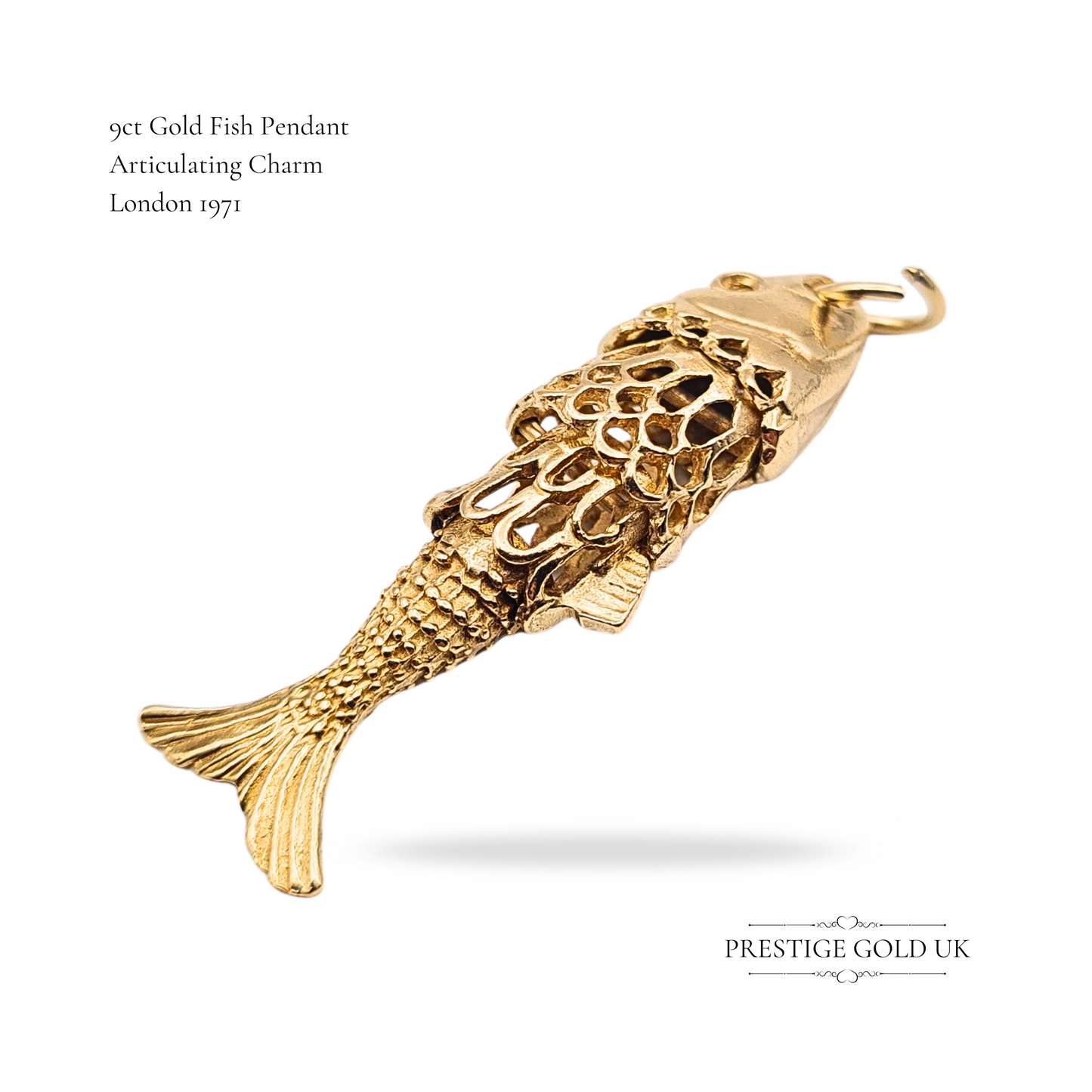 Large 9ct Gold Moving Fish Pendant, Articulating Fish Charm Hallmarked London 70's
