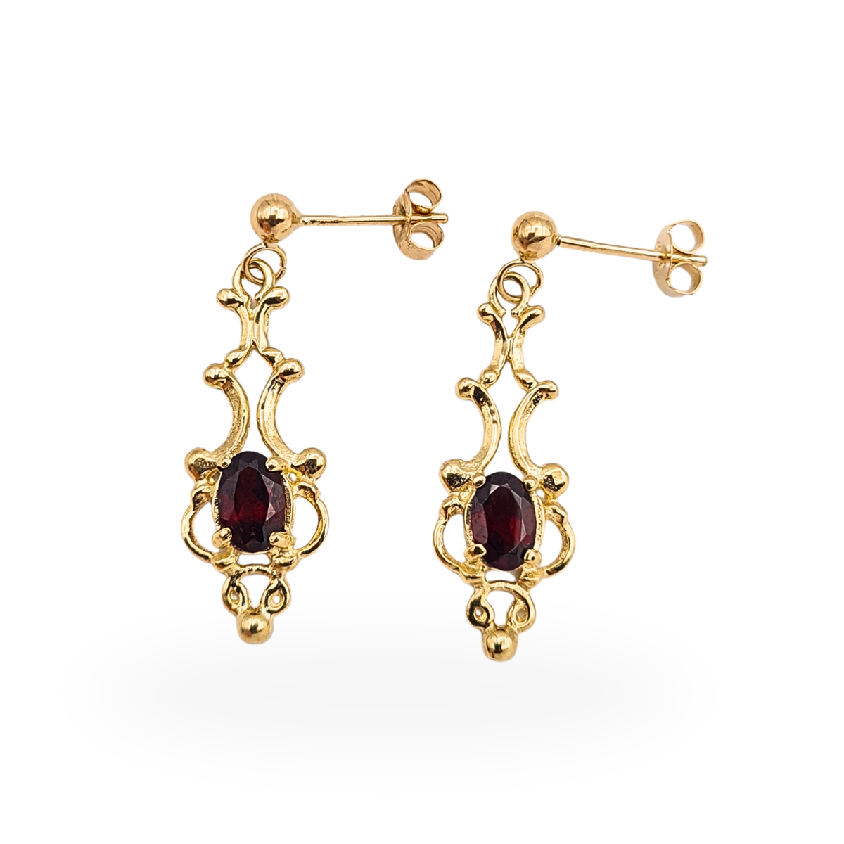 9ct Gold Garnet Drop Earrings Ornate Filigree Dangle Fully Hallmarked