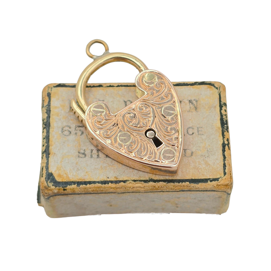 Antique Rose Gold Heart Padlock Clasp, Hand Engraved Chester Hallmark