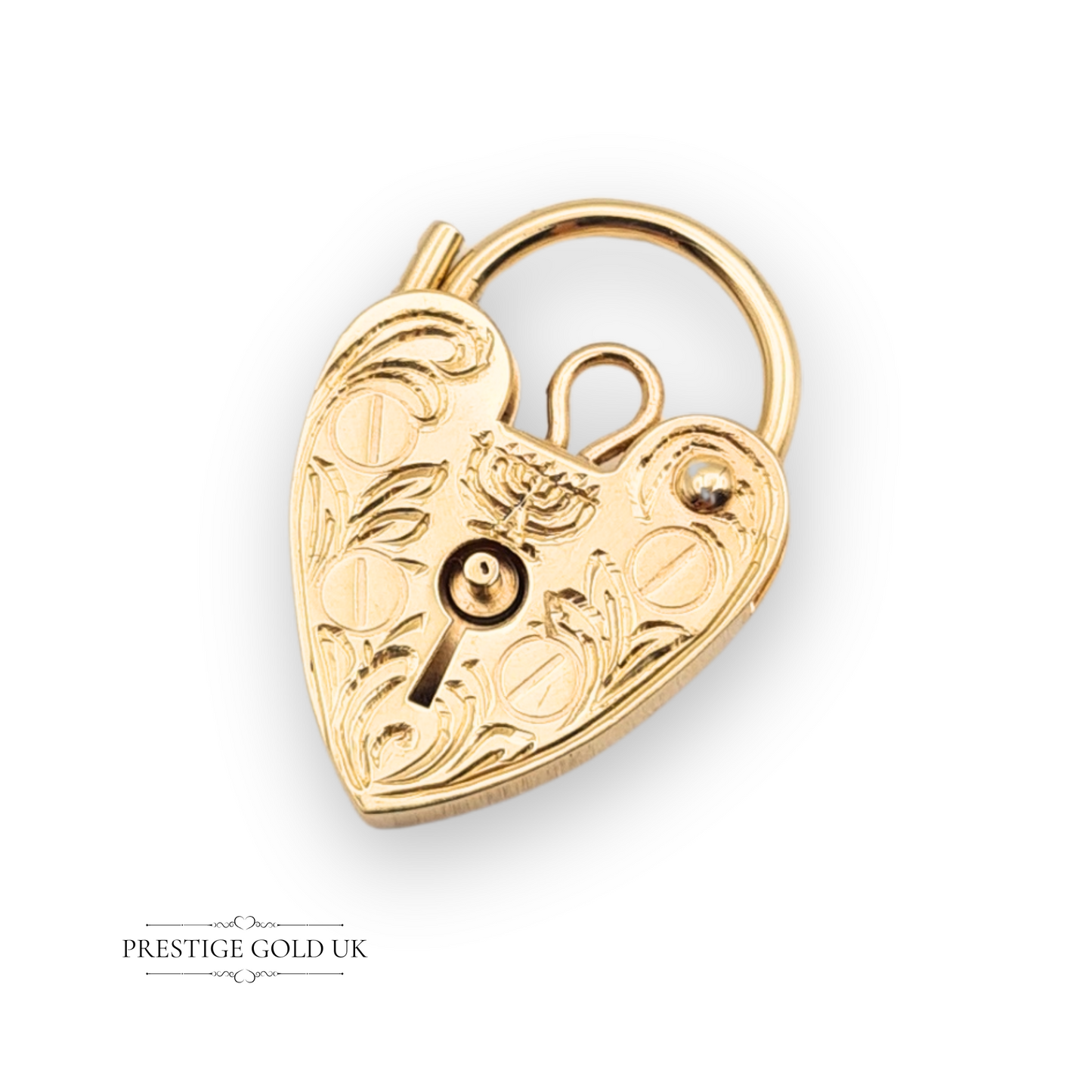 Small 9ct gold heart padlock pendant with hand-engraved menorah design, dated 1978 and fully hallmarked by the London Assay Office, vintage collectible charm