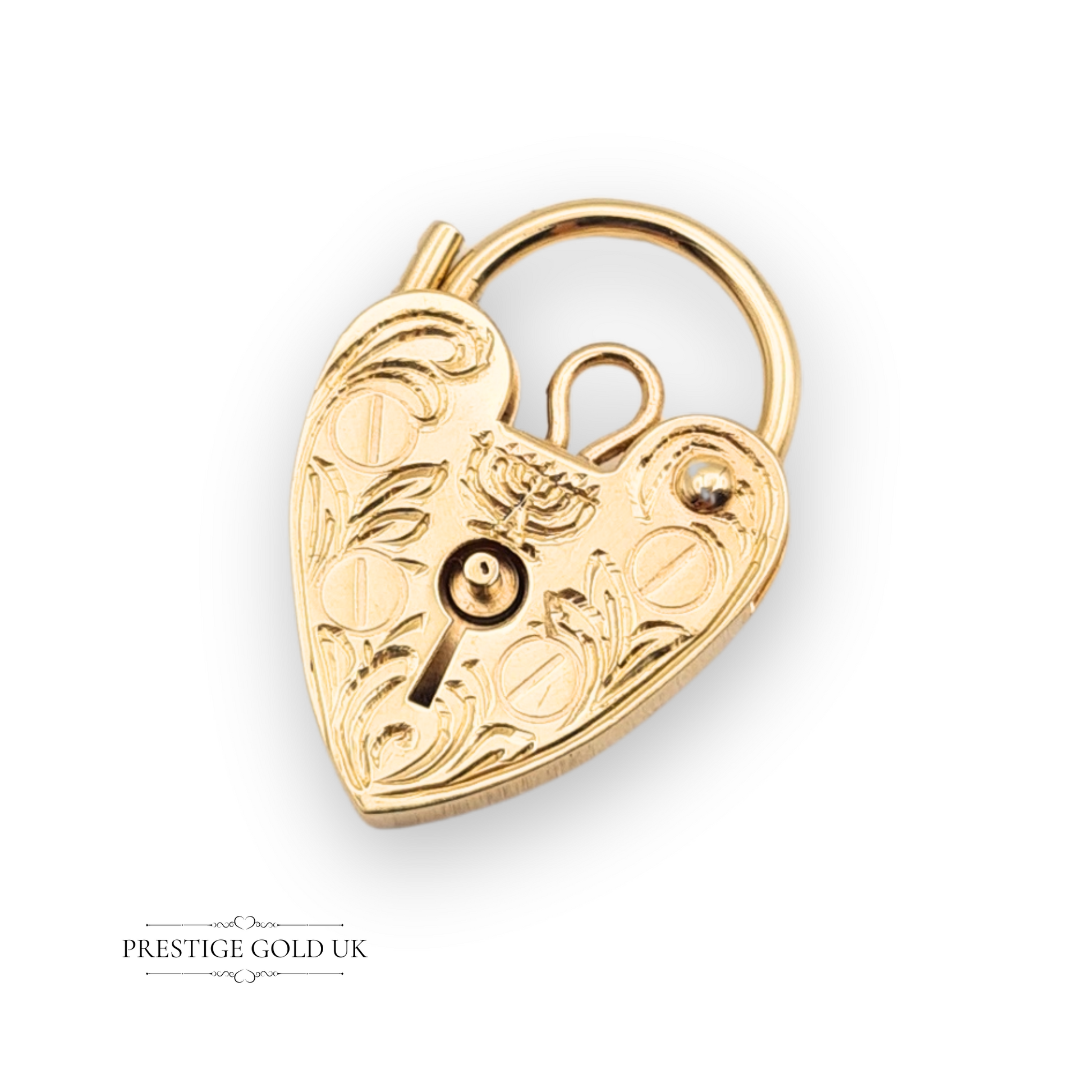 Small 9ct gold heart padlock pendant with hand-engraved menorah design, dated 1978 and fully hallmarked by the London Assay Office, vintage collectible charm