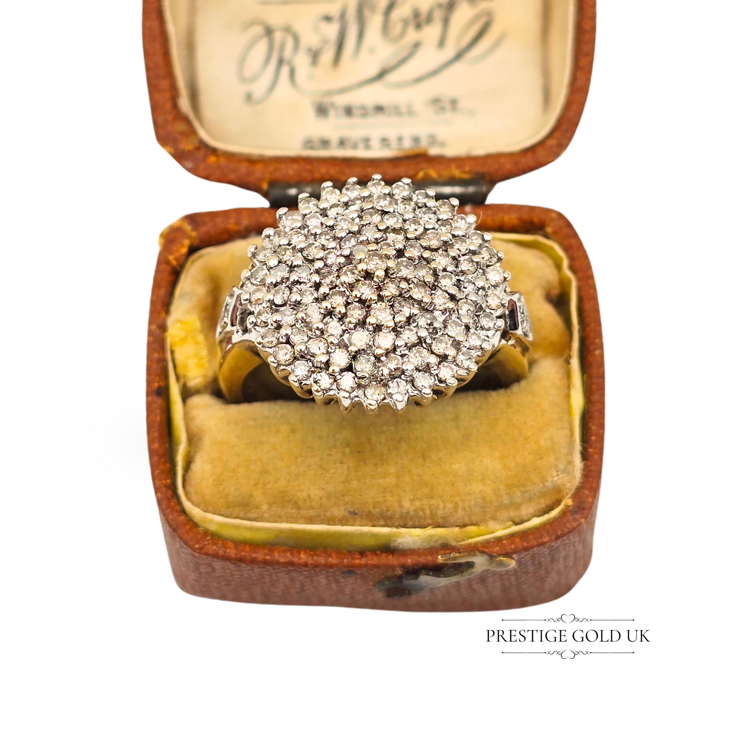 Large vintage 9ct gold cluster ring with round brilliant-cut diamonds, ornate floral-inspired setting, dated Sheffield 2005, UK size P US size 7.5, ideal for gifts
