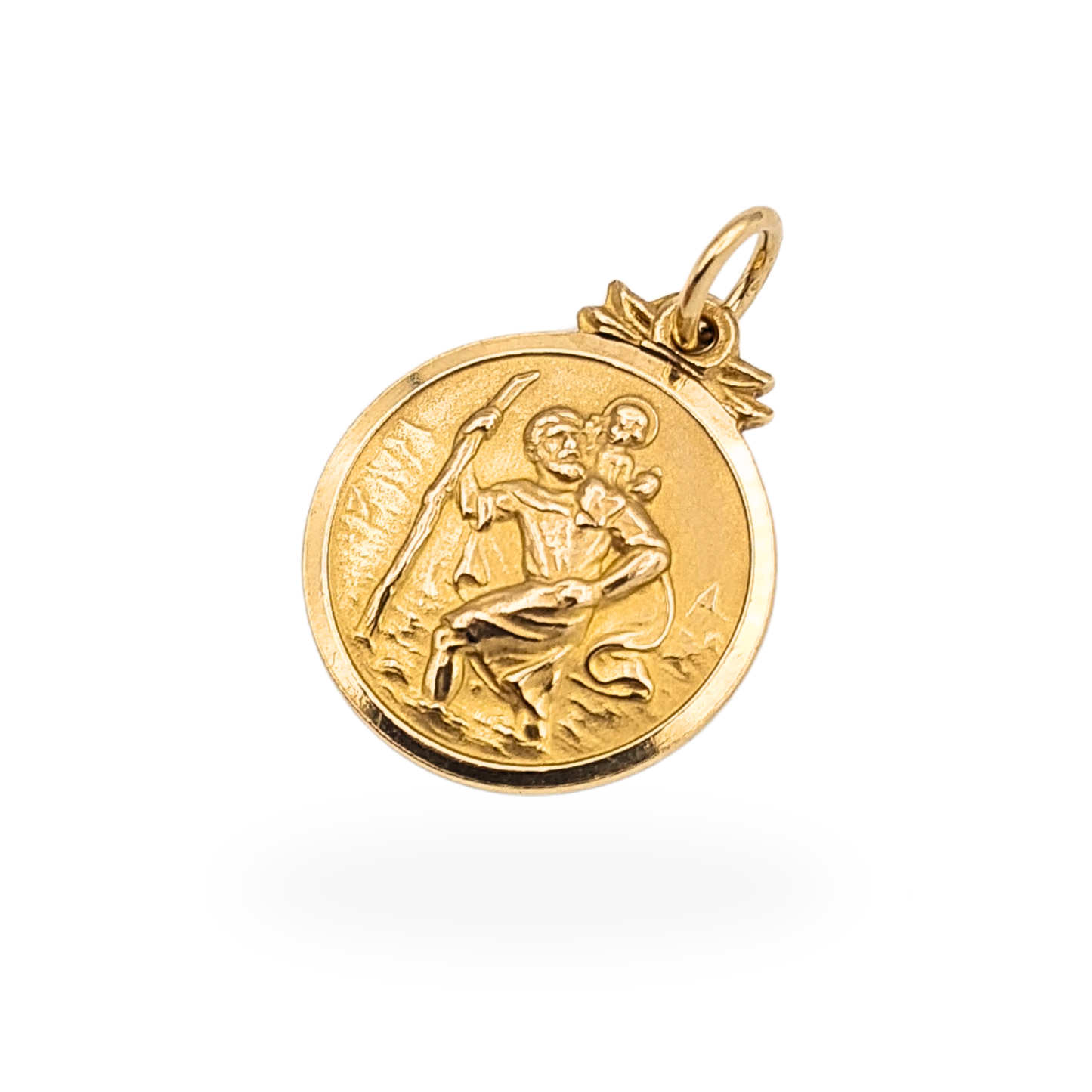 Small round 9ct yellow gold St Christopher pendant measuring 14mm, fully hallmarked Birmingham 1965, featuring raised religious figure detail with fixed jump ring bale, vintage British gold charm with warm tone and light age wear