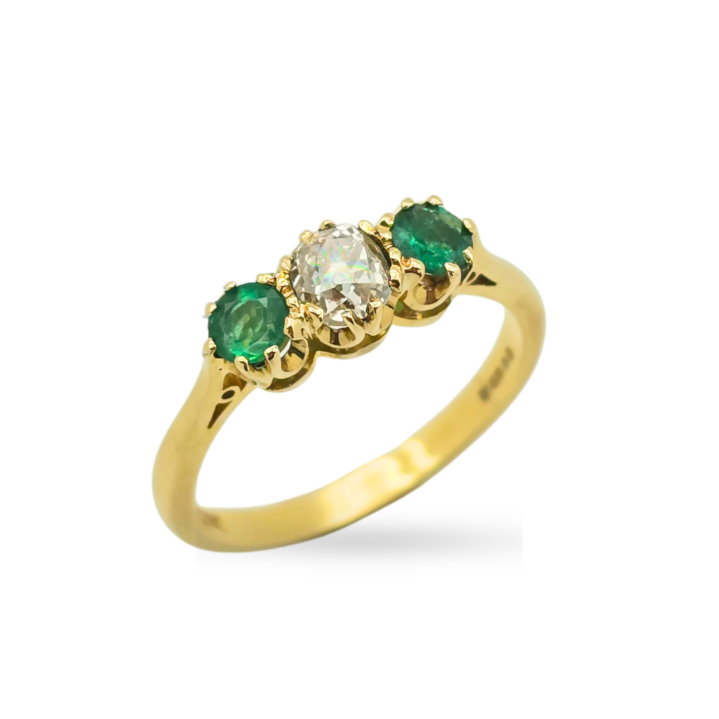 Quality 18ct Gold Diamond Emerald Trilogy Ring UK M 1/2  US 6 1/2
