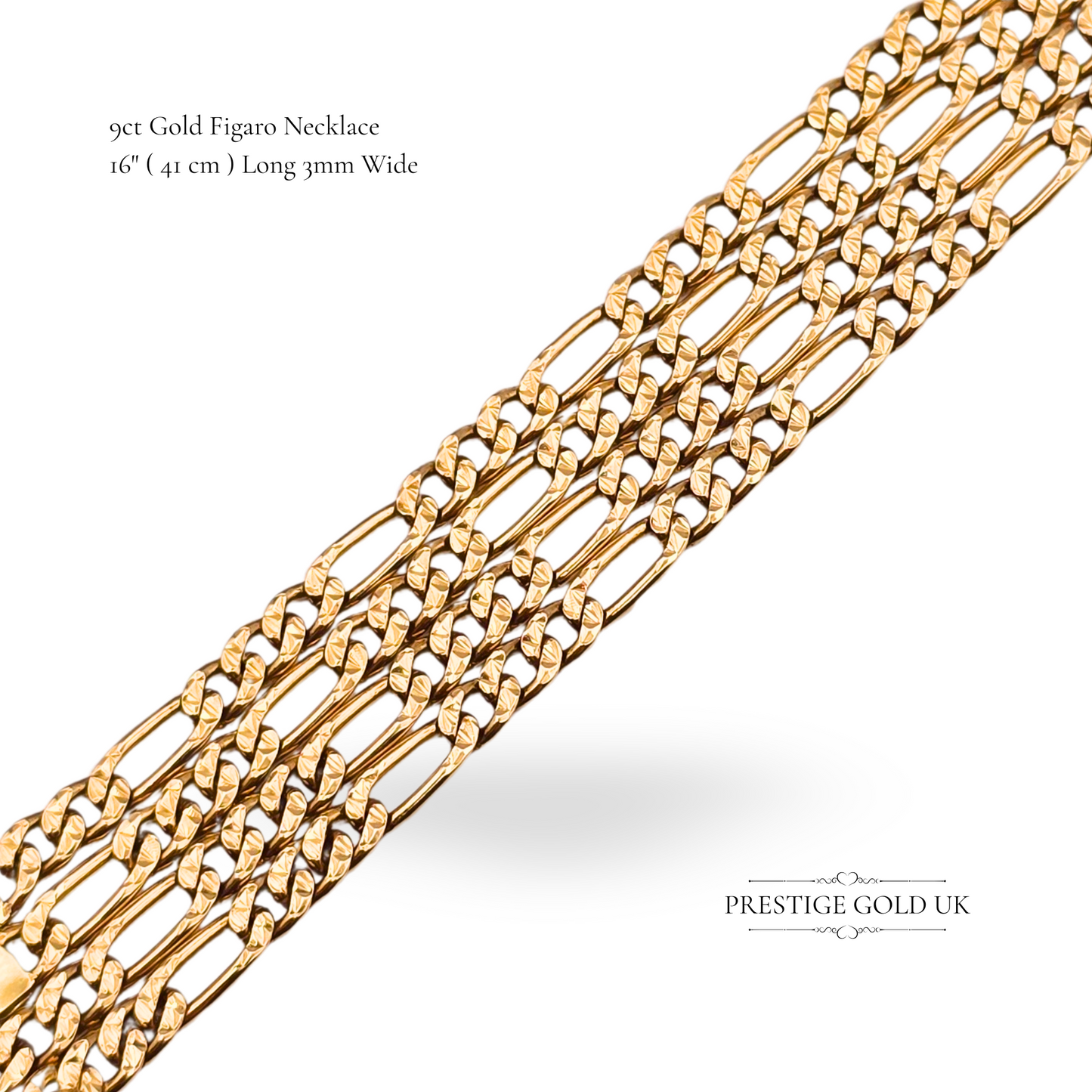 9ct Gold Diamond Cut Figaro Chain Necklace, 1990s  16" Long