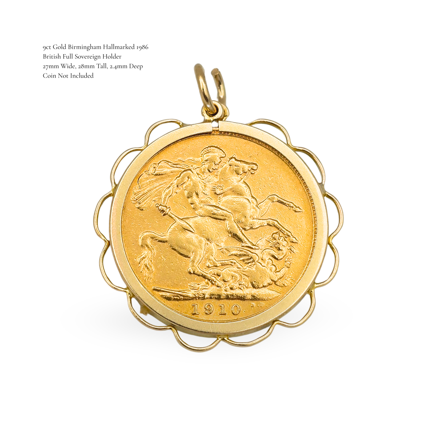 9ct Gold Full Sovereign Holder Pendant Scalloped Edge, Birmingham 1986