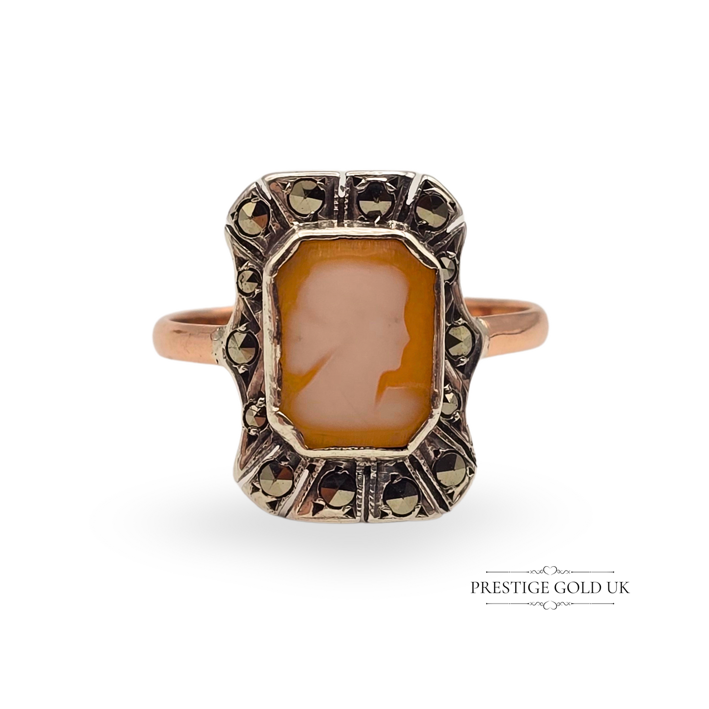 Antique 9ct Rose Gold & Silver Cameo Ring,  Marcasite Stones, UK R 1/2 US 8 3/4