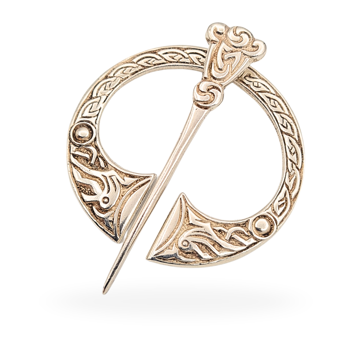 Sterling silver Celtic penannular kilt or cloak pin by F. Narborough, fully hallmarked for Birmingham 1960, featuring intricate interlaced knot and beadwork design, measuring 48mm by 39mm, weight 11.6g, classic Scottish heritage brooch.