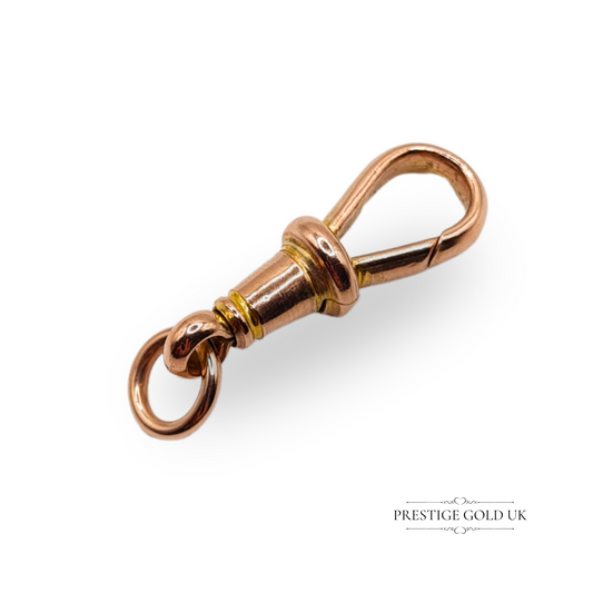 9ct rose gold antique dog clasp stamped 9ct, 24mm by 18mm, swivel clip design, ideal vintage jewellery finding for fob chains or bracelet fittings
