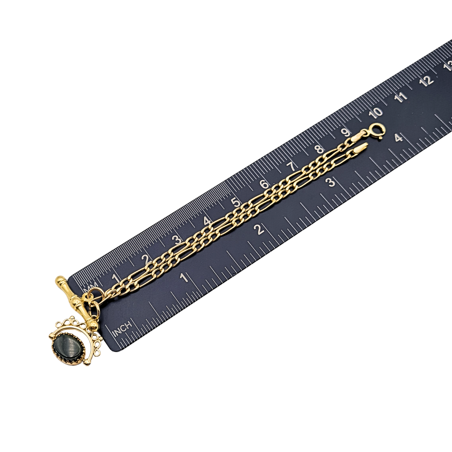7.25"  9ct Gold Figaro Bracelet  T Bar Spinning Fob 18.5cm