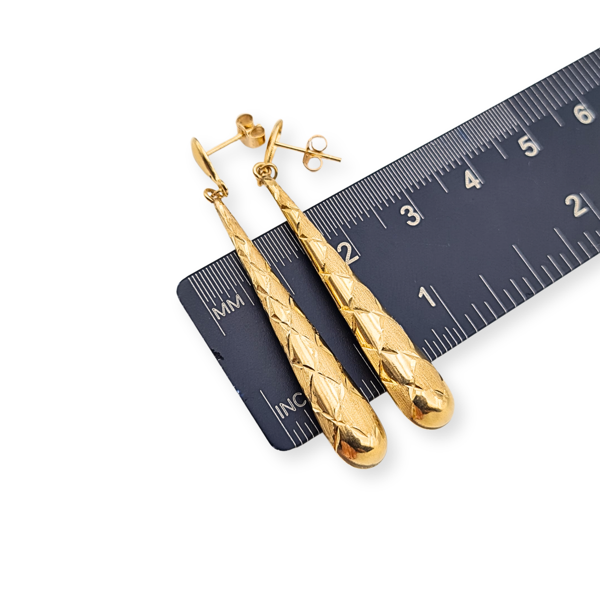 9ct Gold Long Drop Earrings,  Diamond Cut Textured Dangle Earrings