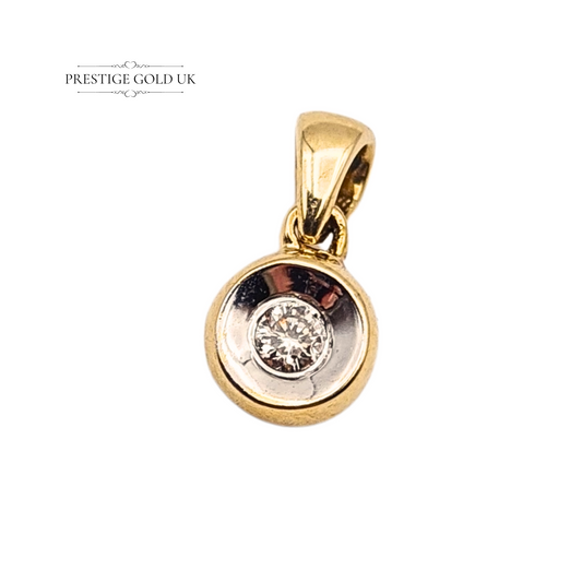 9ct yellow and white gold diamond pendant, 11mm tall and 6mm wide, set with a 2.5mm round approx. 0.06ct solitaire diamond. Fully stamped 9k and tested, lightweight 0.6g charm, perfect as a dainty necklace or layering piece.