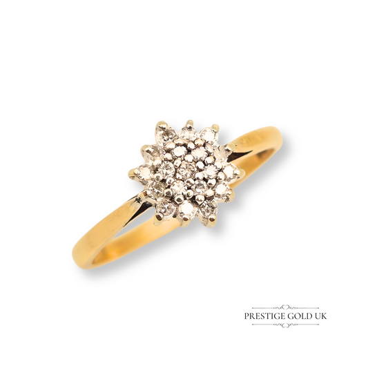 Vintage 9ct yellow and white gold diamond cluster ring with round brilliant diamonds set in a floral cluster, fully hallmarked London 1985, UK N US 6 1/2 – dainty and perfect for promise or engagement.