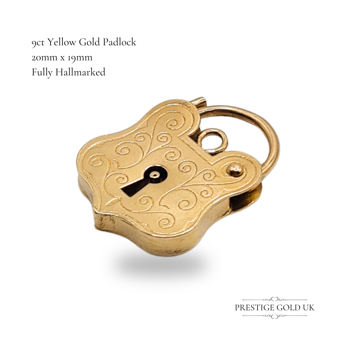 9ct Gold Shield Padlock Charm, Scroll Engraved Opening Shield Pendant