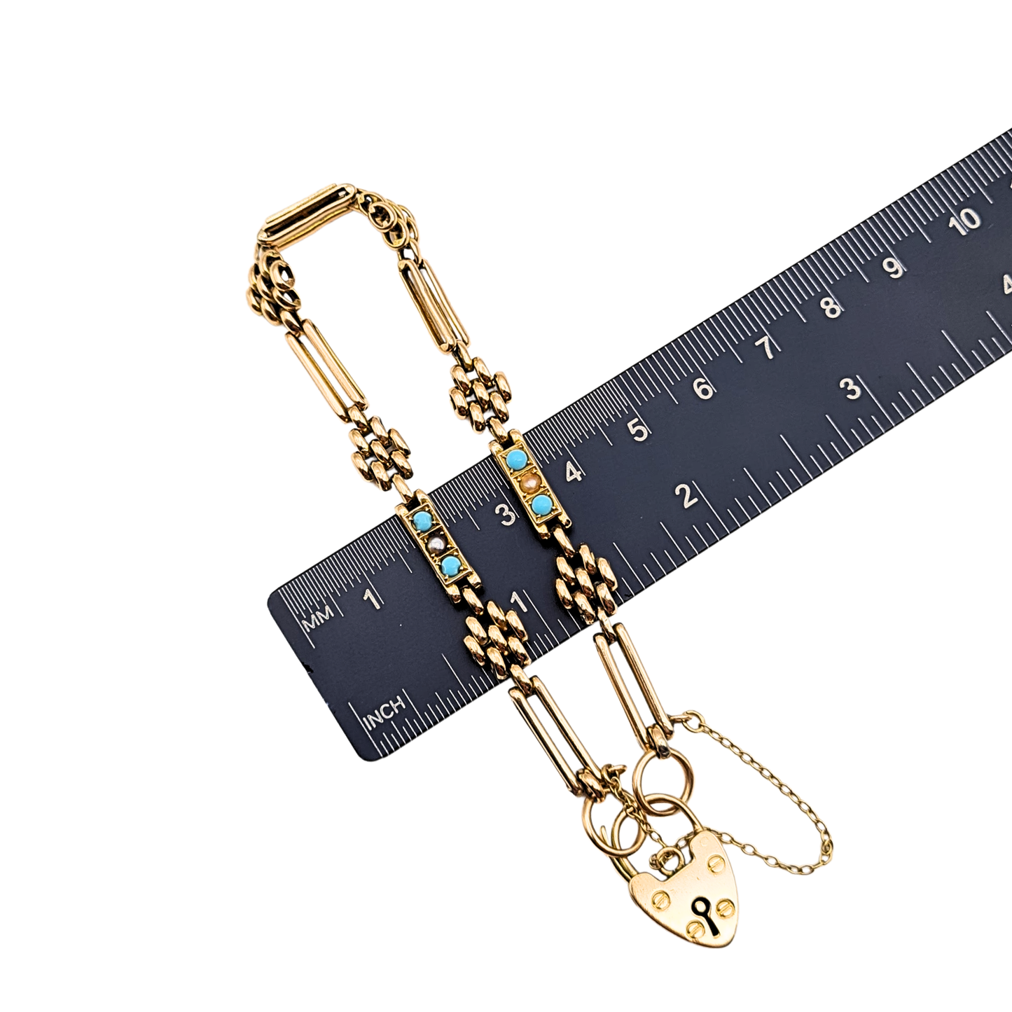 Antique 9ct Rose Gold Turquoise Pearl Gate Bracelet, 1904, 7½ inches long