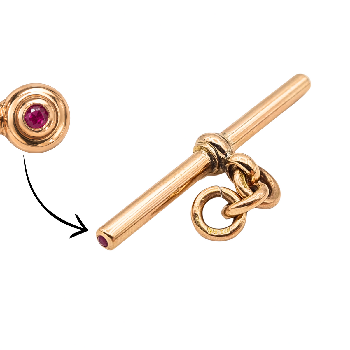 Antique 9ct Rose Gold Ruby T Bar Pendant  Heavy Solid Gold Albert Fob T-Bar