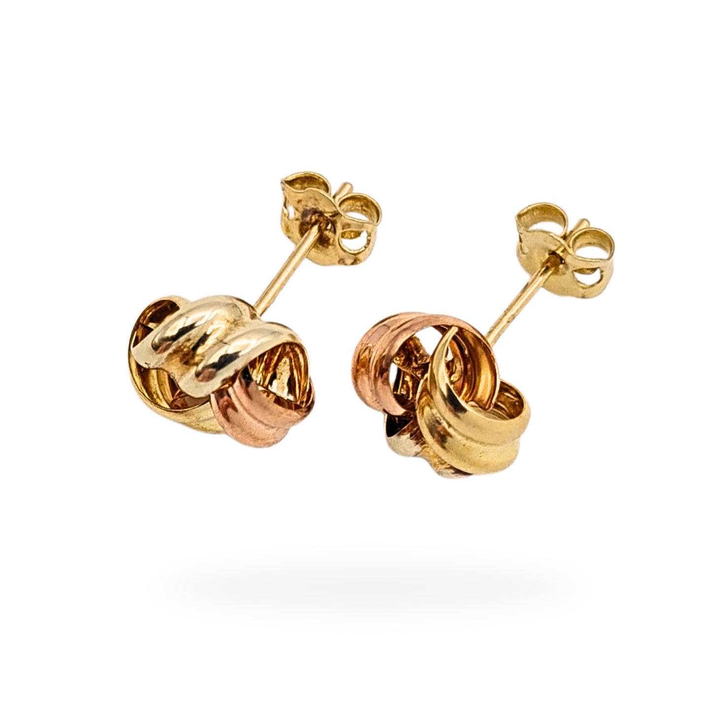 Pair of solid 9ct tri-colour gold twist knot stud earrings featuring yellow, rose, and white gold tones, stamped 375 and fully tested, 8mm face size, 0.63g weight. Elegant wool mark-inspired design with butterfly backs.