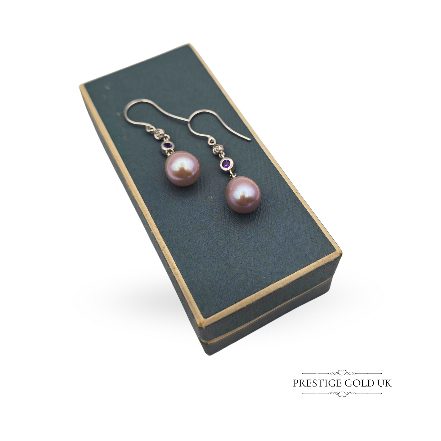9ct White Gold Drop Earrings with Pink Freshwater Pearls, Amethyst & Diamonds