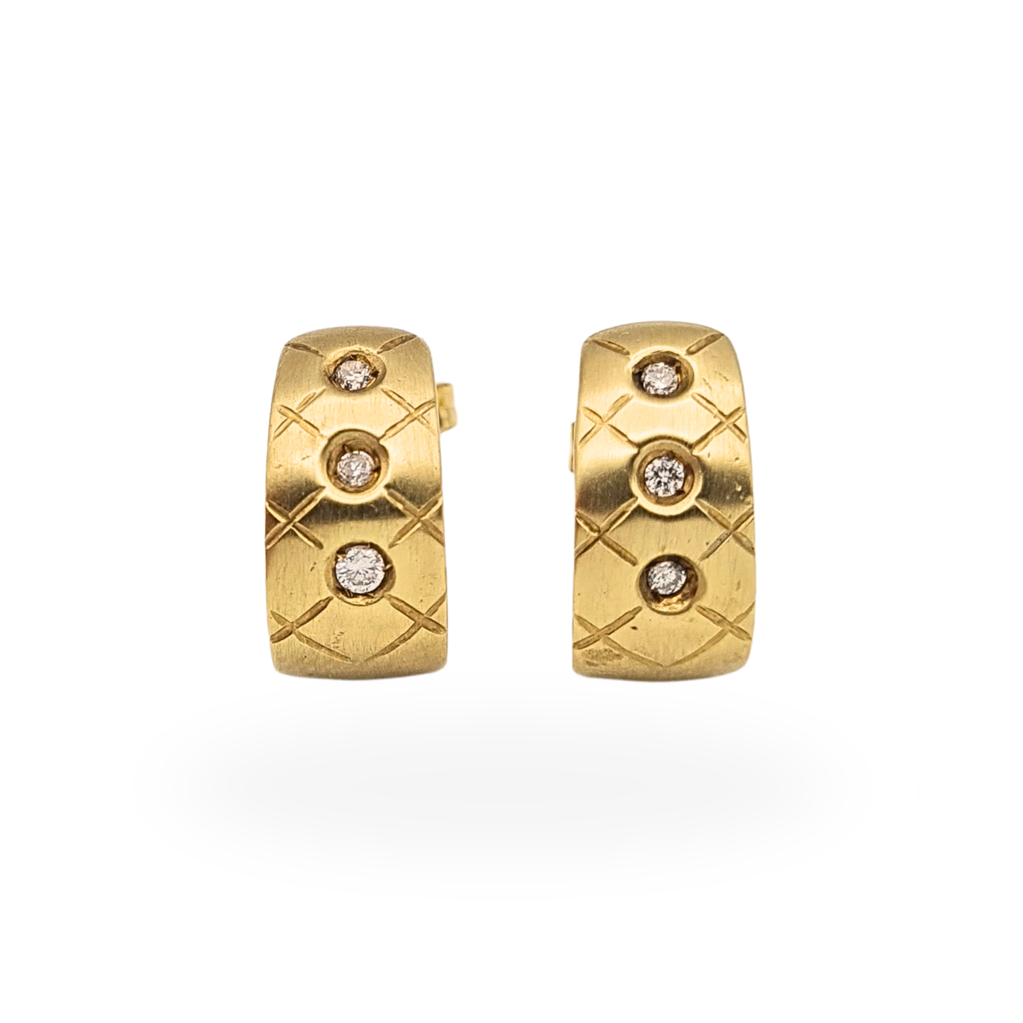 14ct Gold Diamond Set Half Hoop Earrings Satin Finish Cross Hatch Engraved