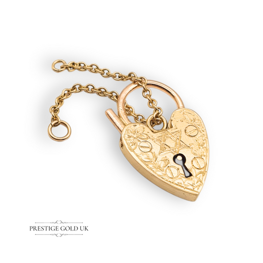 Vintage 9ct yellow gold heart padlock engraved with Star of David, floral details and 55mm safety chain, hallmarked Birmingham 1967
