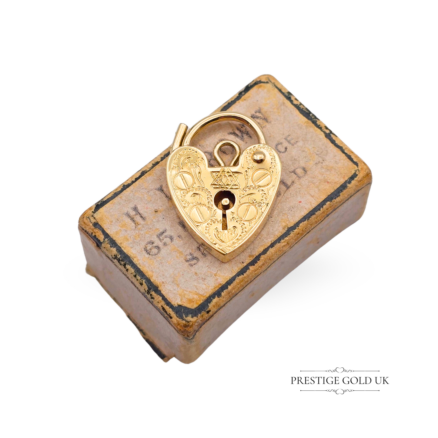 Star of David 9k Gold Heart Padlock Charm, Hallmarked London 1977, Hand Engraved
