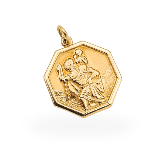 Solid 9ct gold St Christopher pendant, fully British hallmarked, 17.5mm religious travel protection charm.