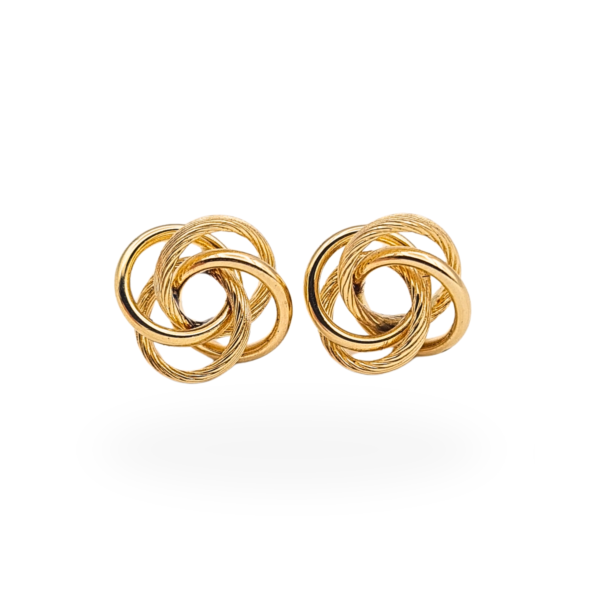 Pair of 9ct gold twist knot stud earrings with textured round woolmark design