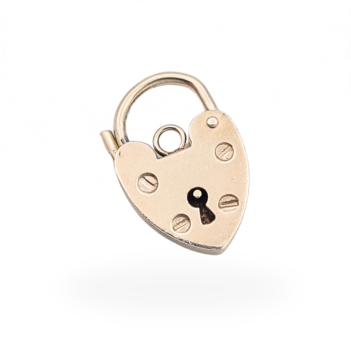 Sterling silver small heart padlock charm with keyhole detail, screw decoration and curved lock shackle