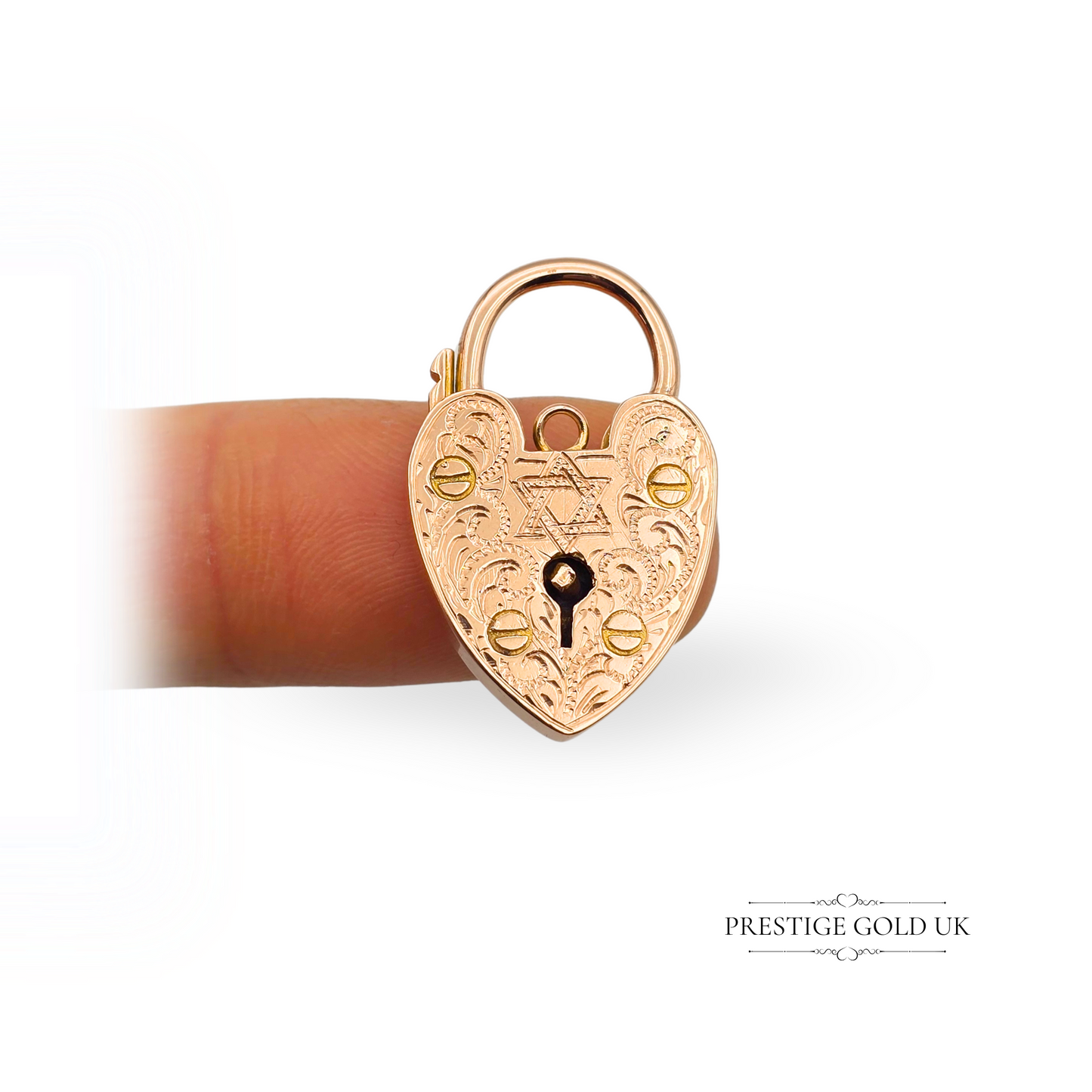 Star of David 9ct Rose Gold Heart Padlock Charm, Bespoke Gift