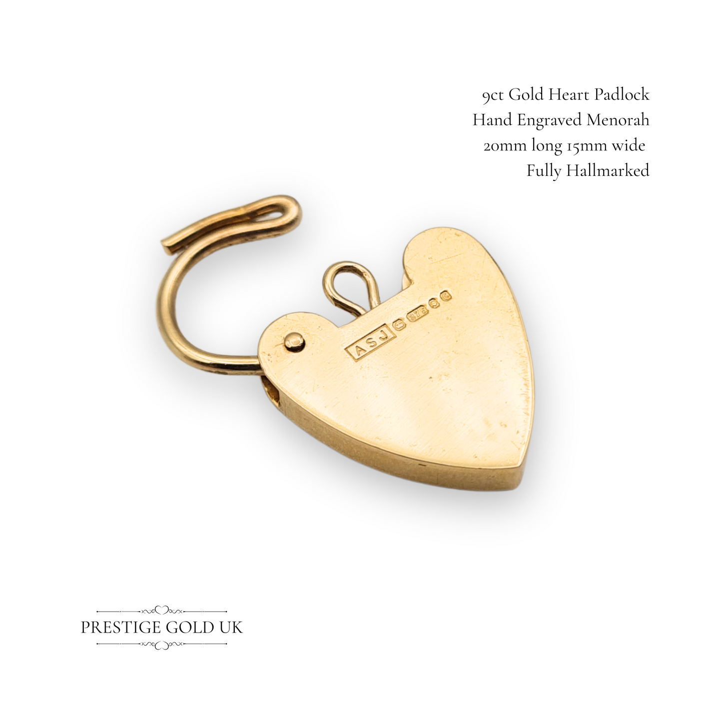 9ct Gold Medium Heart Padlock Hand Engraved Menorah Charm
