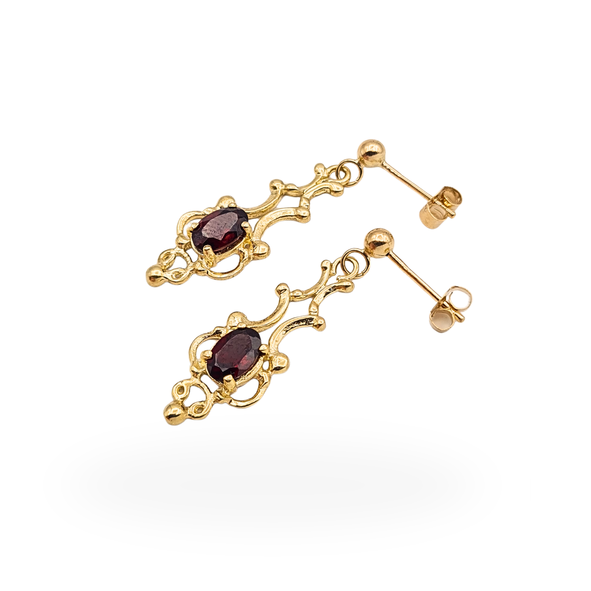 9ct Gold Garnet Drop Earrings Ornate Filigree Dangle Fully Hallmarked