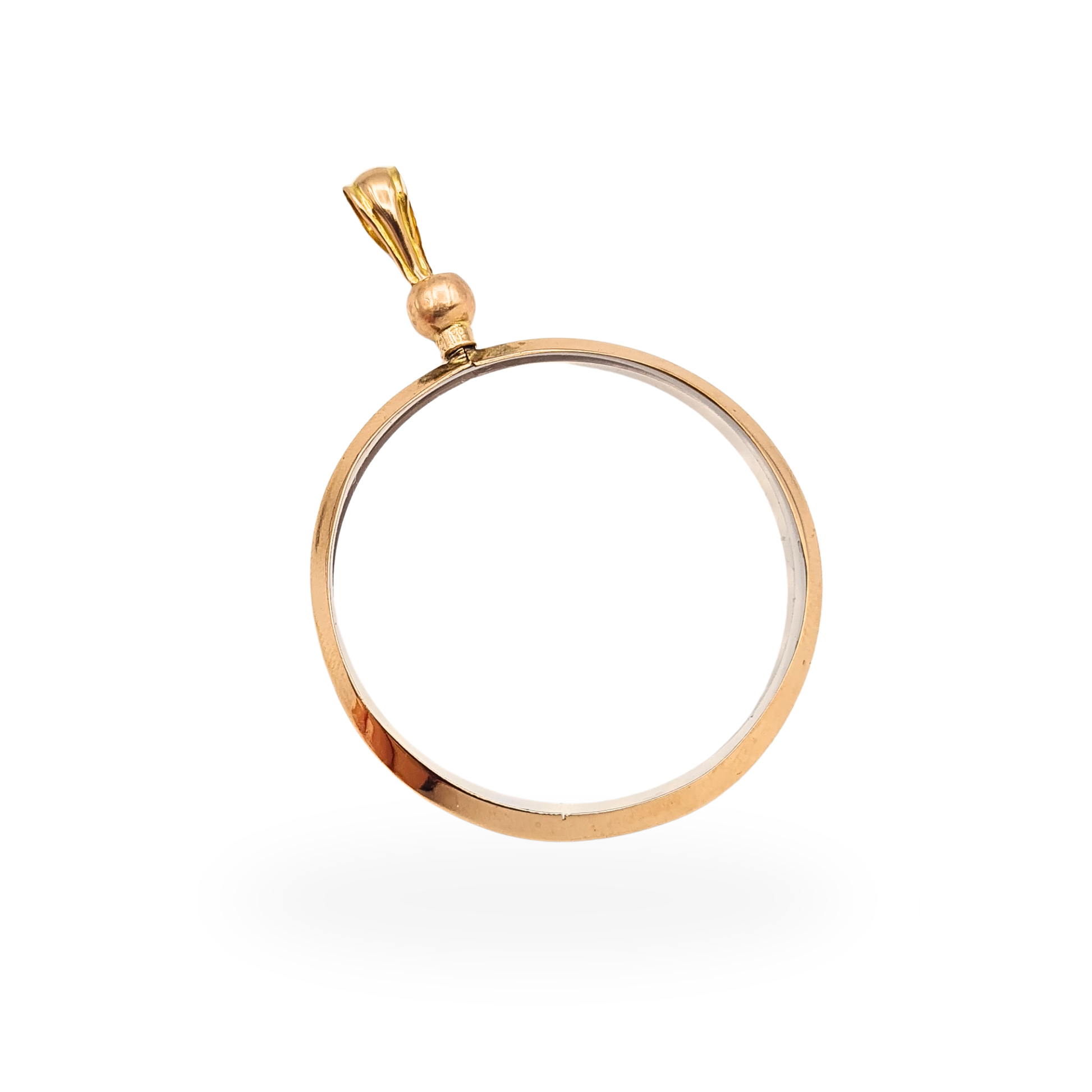 Antique 1909 Birmingham hallmarked 9ct rose gold round double glass photo pendant measuring 48mm tall.