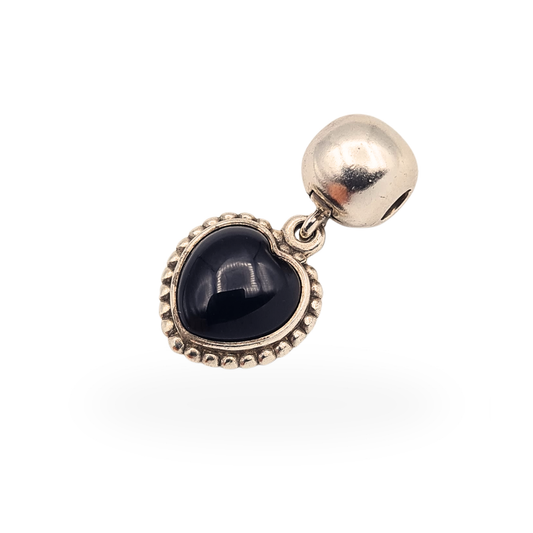 Rare retired Pandora Mi Amor sterling silver dangle charm with polished black onyx heart, stamped ALE 925.