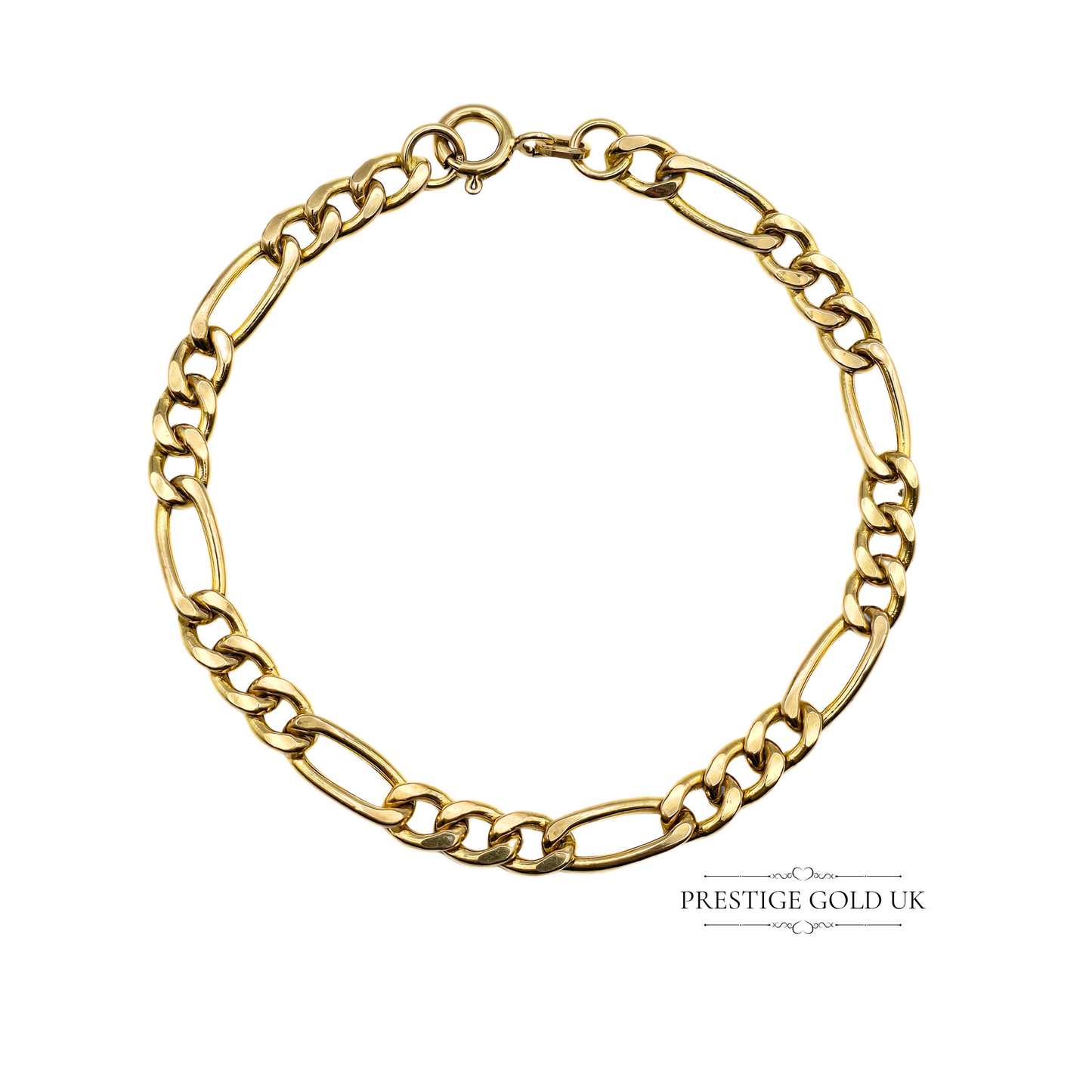 7" Vintage 9ct Gold Figaro Bracelet,  (18cm) Long, 5mm Wide, Hollow Design