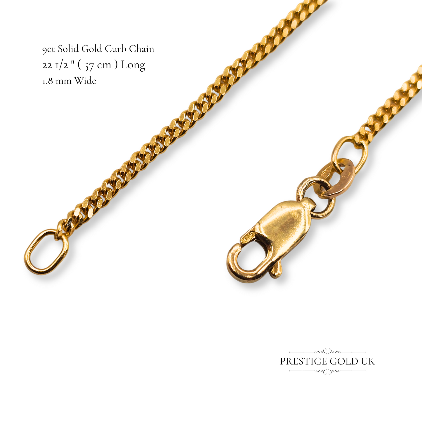 22 1/2" Long Gold Curb Chain Necklace, Solid Gold, Narrow Width, Lobster Clasp